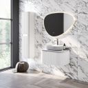 White marble roomset showcasing the Soar Ribbed White Wall Mounted Tall Storage Cabinet 2