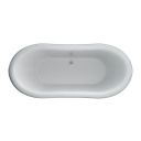 aerial view of a white boat shaped double ended bath with roll top edge and luxury chrome claw feet