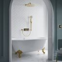 Aqualisa S3 Brushed Gold Smart Digital Shower Triple Outlet (Slide Rail Kit with Fixed Wall Head) HP/Combi Displayed in a modern roomset with white tiles