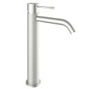 Moray Brushed Nickel tall basin mixer tap featuring a textured knurled detailing