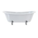 White boat shaped double ended bath with roll top edge and luxury chrome claw feet