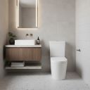 Froxfield Close Coupled Toilet in Modern Grey Bathroom with Wood Accents
