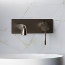 Moray Satin Bronze wall mounted basin tap featuring a textured knurled detailing - Roomset
