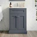 White marble bathroom showcasing the Richmond Midnight Grey Floor Standing Traditional Vanity Unit with White Marble Top 600mm