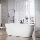 Contemporary styled roomset shwocasing the Tidal White Freestanding Acrylic Bath 1600x800mm