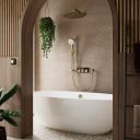 Aqualisa S3 Brushed Gold Smart Digital Shower Triple Outlet (Slide Rail Kit with Fixed Wall Head) HP/Combi Displayed in a modern roomset with brown tiles