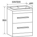 Esk White Floor Standing Vanity Unit and Basin with Brushed Nickel Handles 600mm dimensions