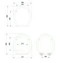 Technical drawing of a black toilet seat with chrome hinges, showing dimensions
