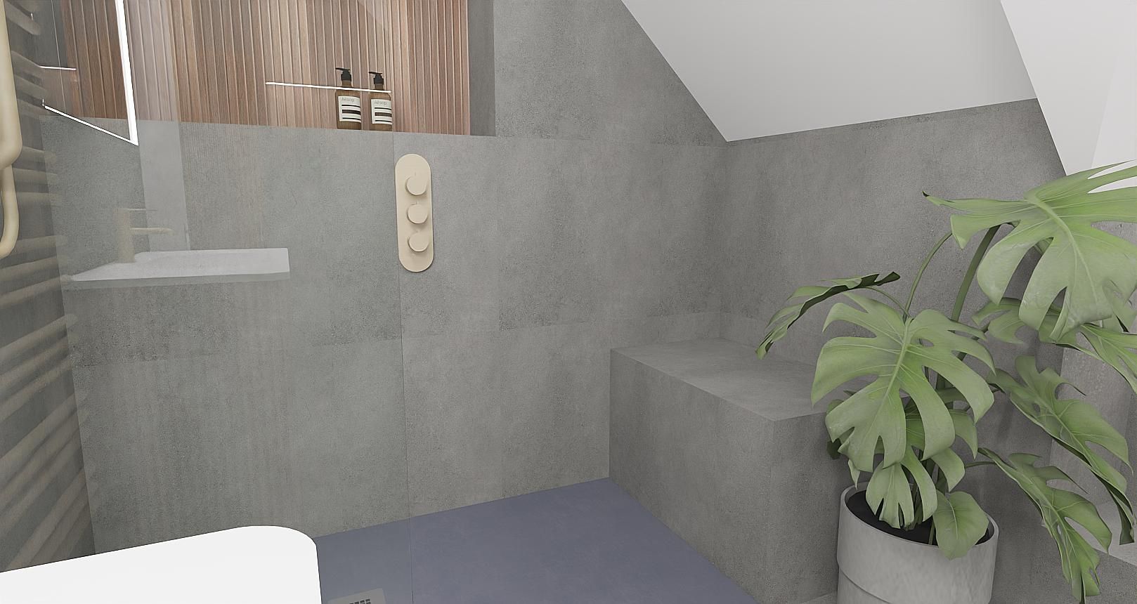 3D bathroom design showing a walk-in shower with grey tiles, wood-effect wall panels and a large indoor plant.