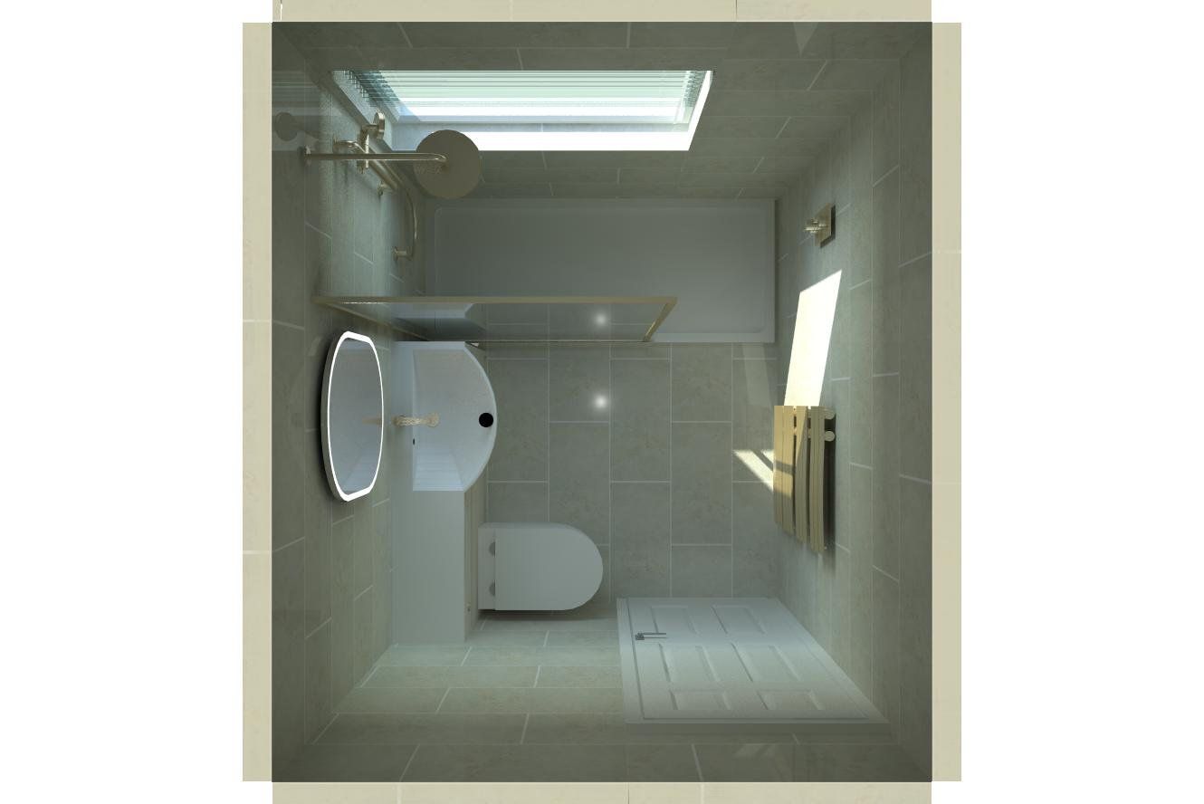 Overhead 3D view of the compact bathroom layout, showing the shower, toilet, basin and fitted storage.