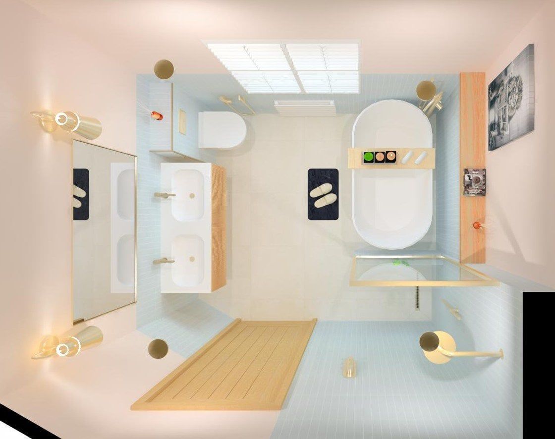 Overhead 3D view of the complete bathroom layout with a walk-in shower, freestanding bath and double vanity unit.