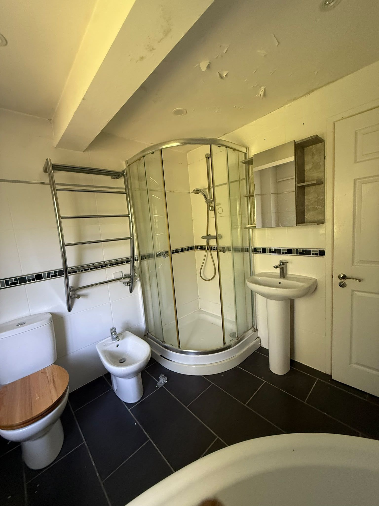 Before photo of the bathroom showing the older layout with dark flooring, shower enclosure and toilet.