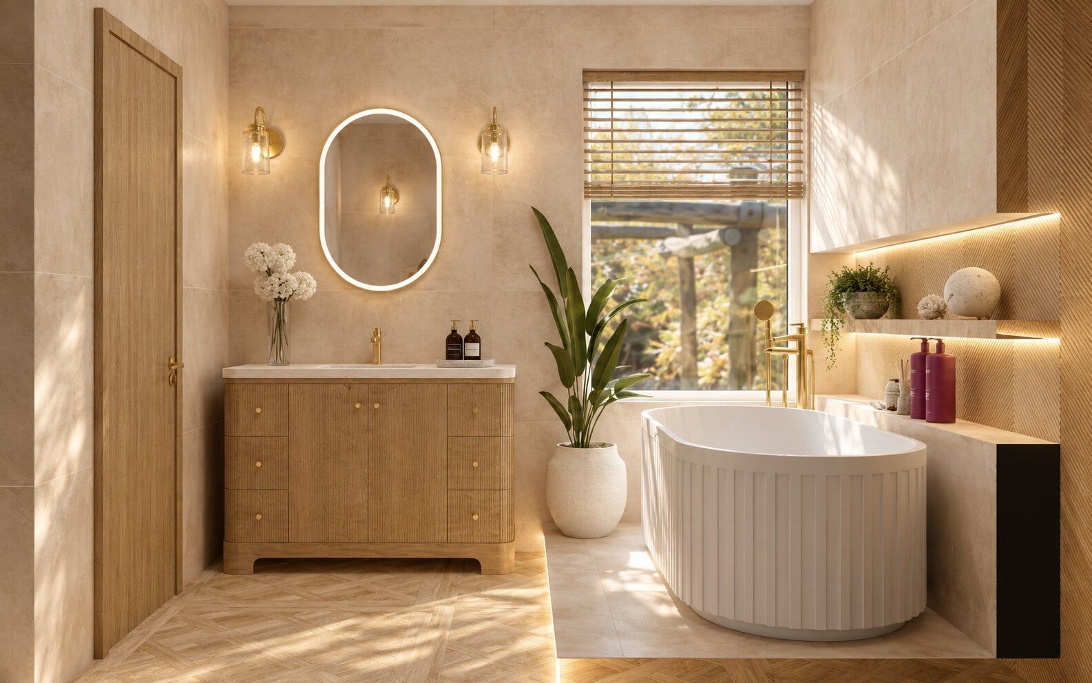 Wide view of a Leicester 3D bathroom design with a vanity, freestanding stone bath and beige tiles.
