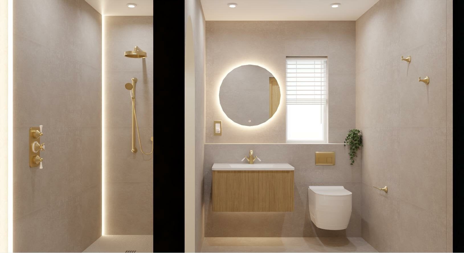 3D bathroom design from Easy Bathrooms Derby showing a compact neutral bathroom with illuminated mirror and vanity unit.