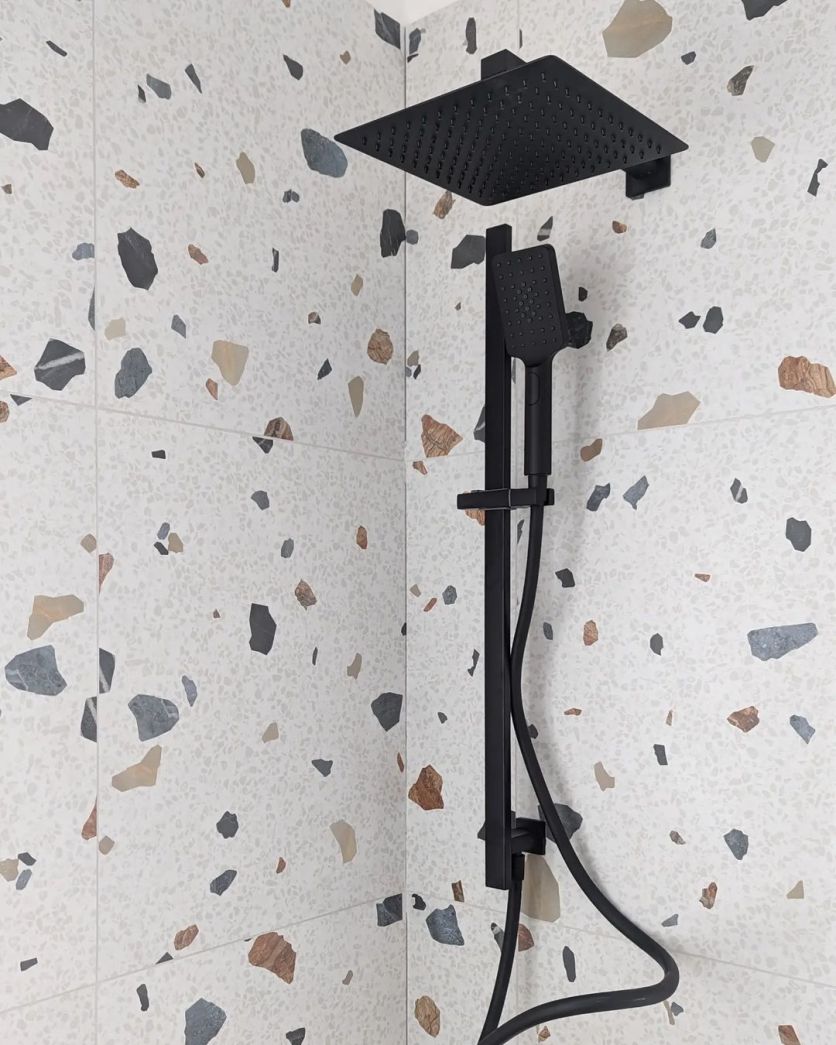 Square Double Outlet Valve with Slide Rail Kit, Shower Head and Arm - Black