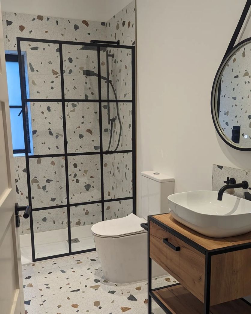 Matt Black Grid Framed Shower Screen - 880mm