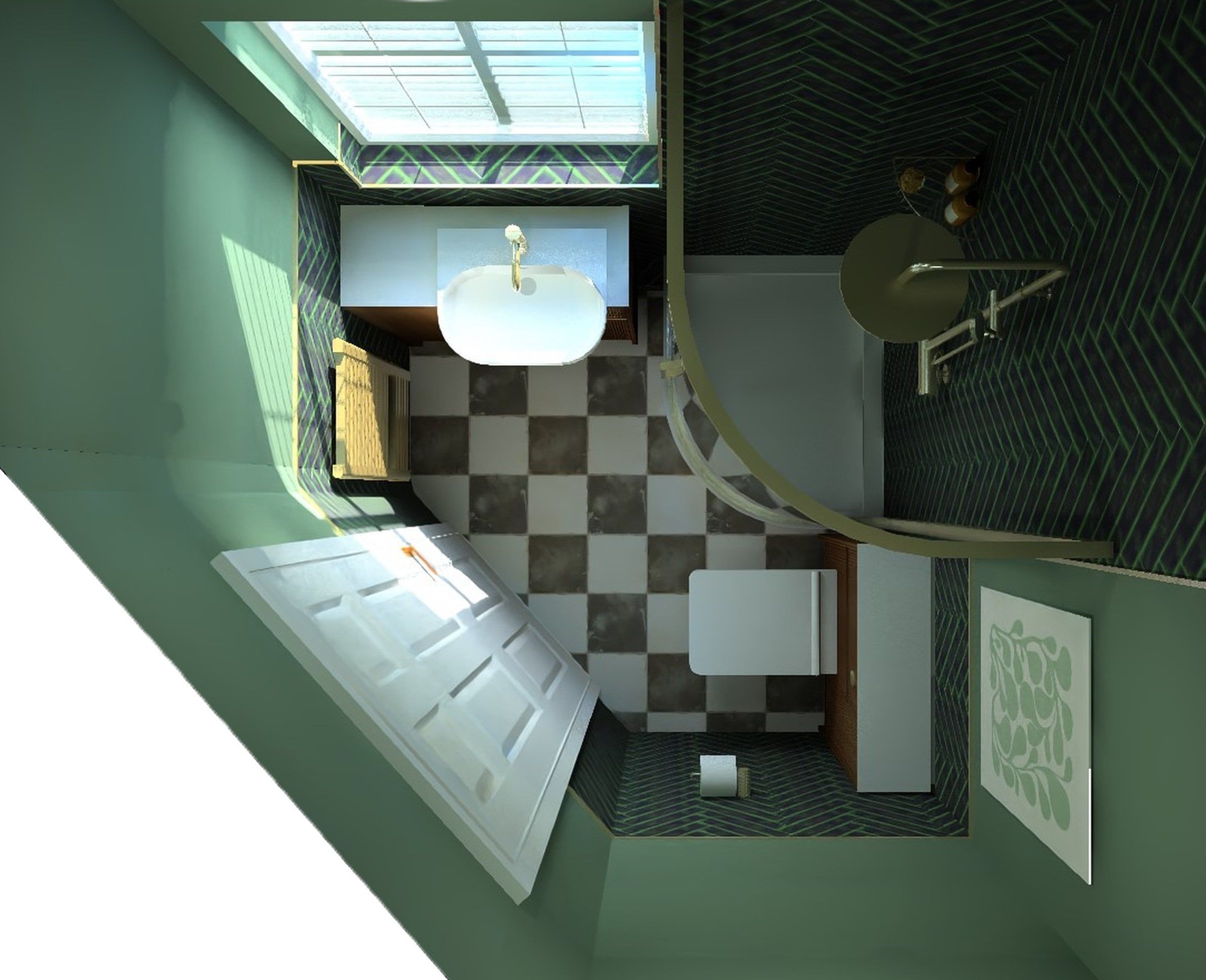 Top-down 3D bathroom layout with a curved shower enclosure, wall-hung vanity unit, toilet and chequered floor tiles