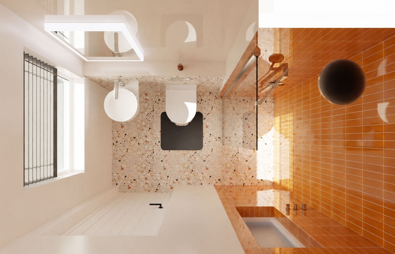Overhead 3D view of the complete en-suite layout with a walk-in shower, wall-hung basin and terracotta tiled walls.