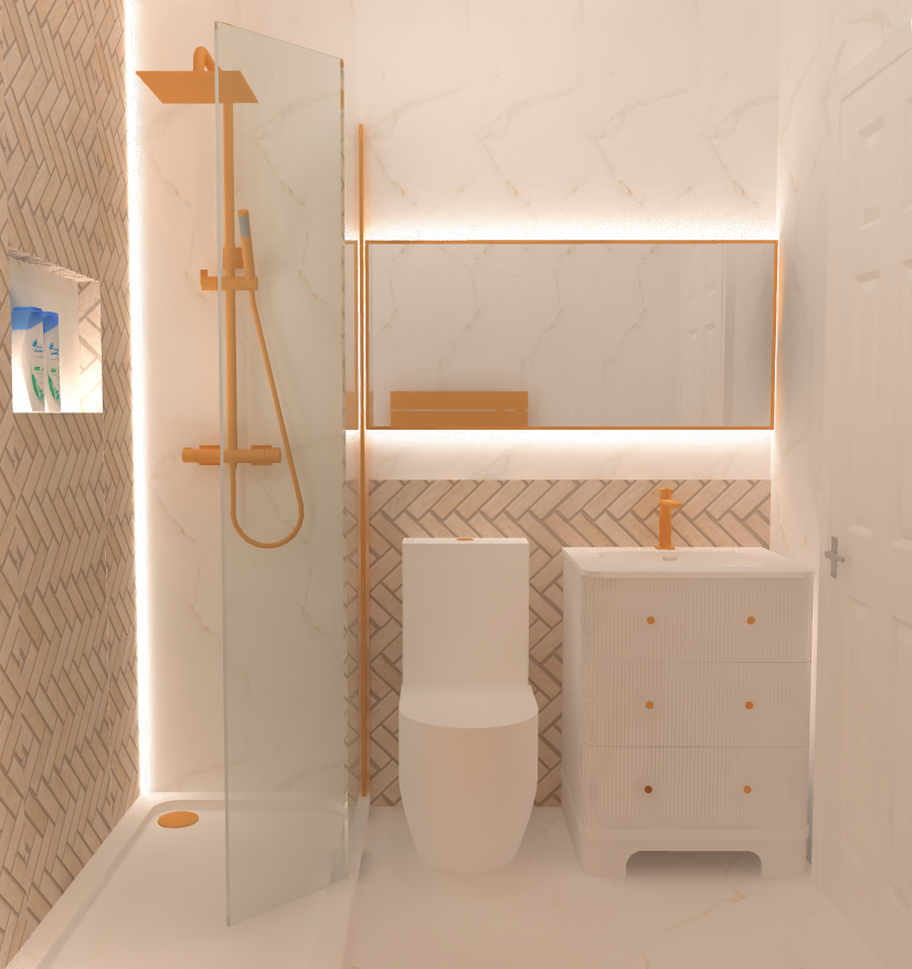 3D small bathroom design featuring a walk-in shower, toilet, compact vanity unit and warm brass finishes.