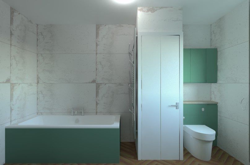 3D bathroom design with a green vanity unit, freestanding bath and matching tall storage cabinet.
