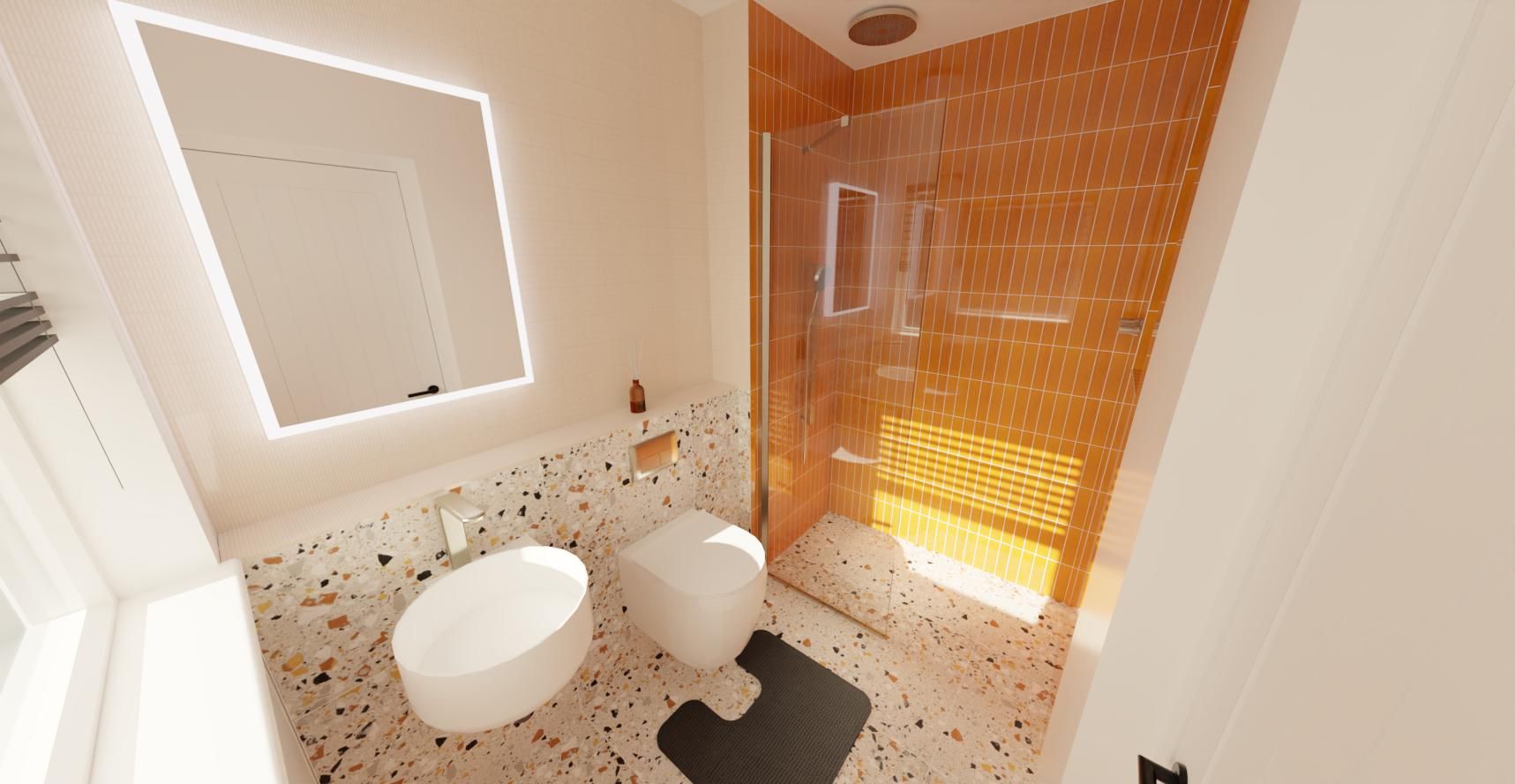 3D en-suite design with a wall-hung basin, illuminated mirror, terracotta tiles and terrazzo-effect flooring.