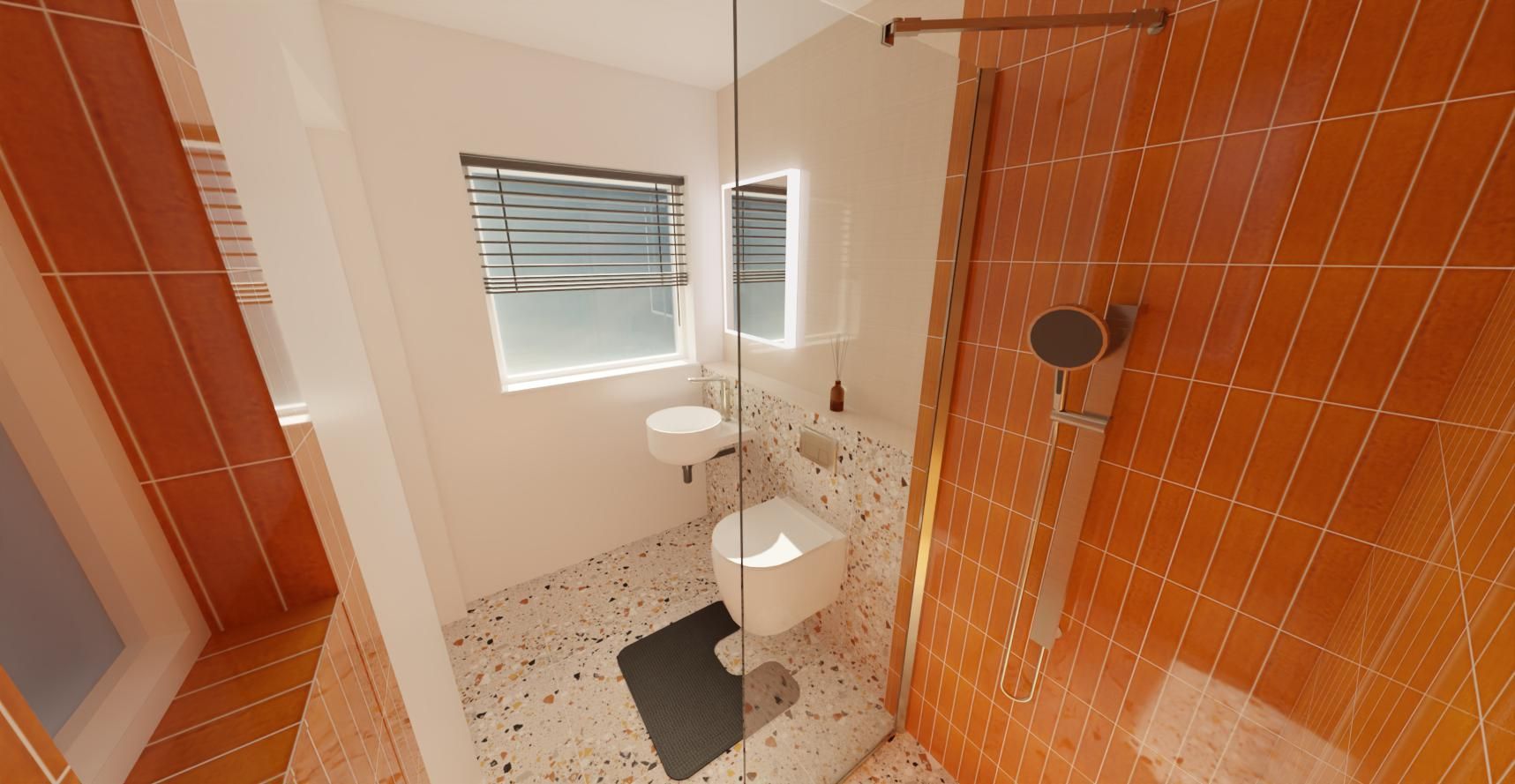 3D view of the compact walk-in shower with warm terracotta wall tiles and white bathroom fittings.