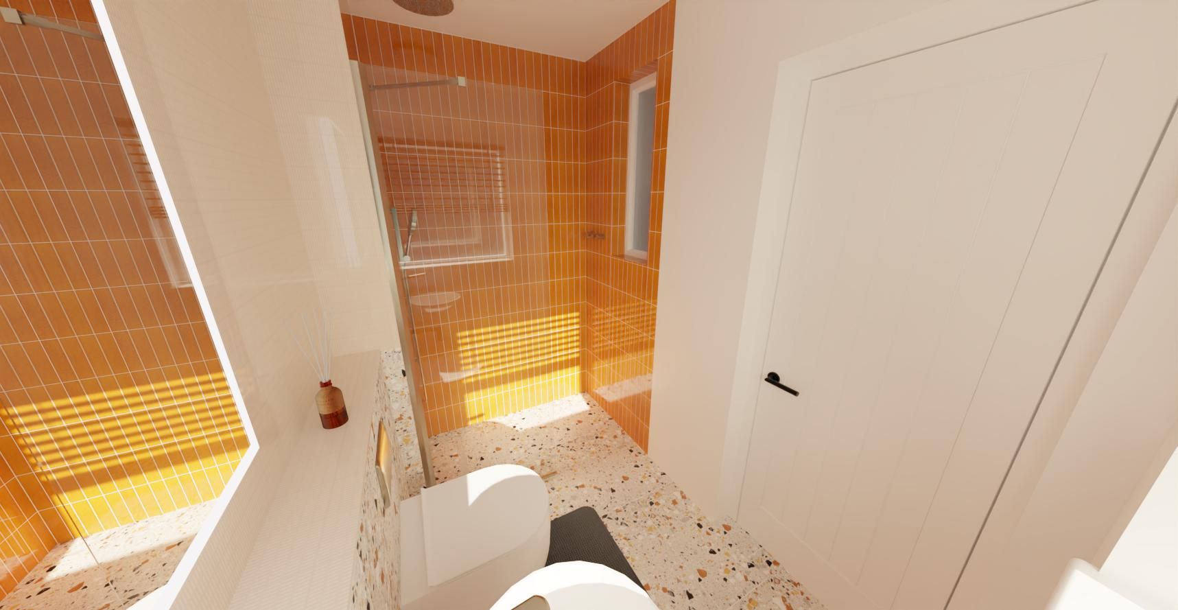 3D bathroom layout showing the shower entrance, wall-hung toilet and space-saving design.