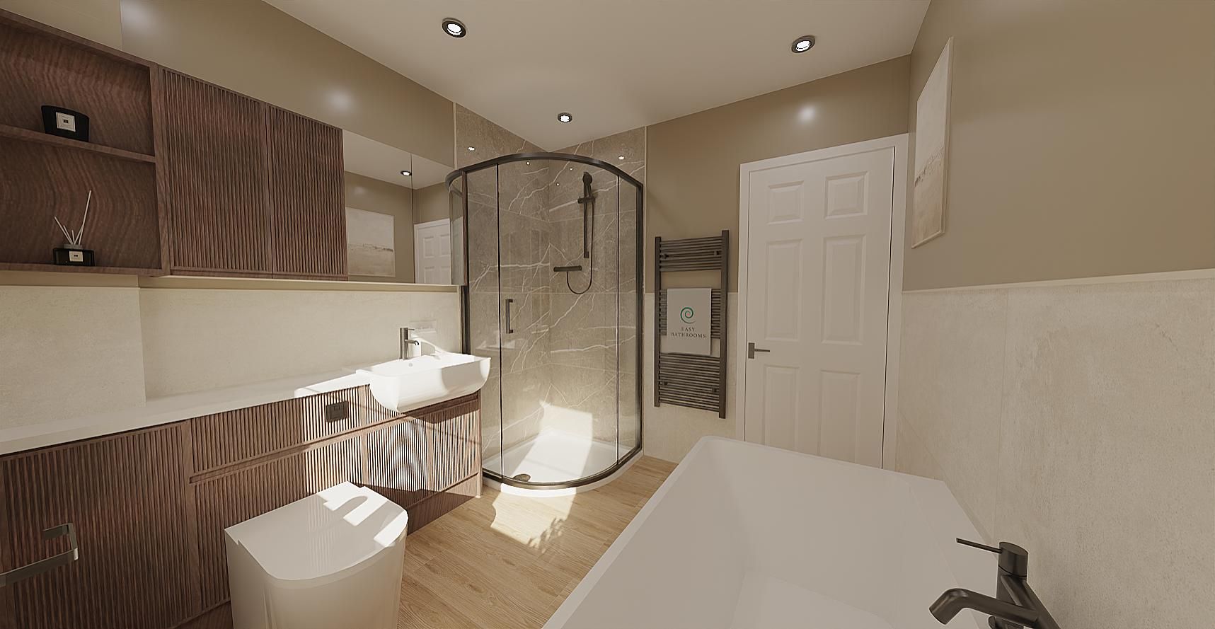 3D bathroom render showing another angle of the planned layout with neutral tiles and fitted furniture.
