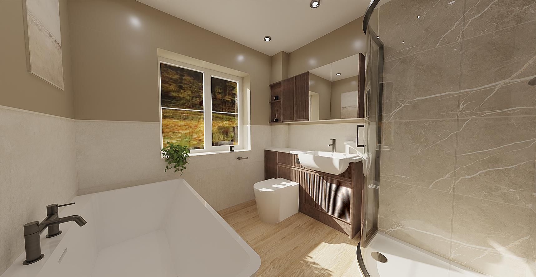 3D bathroom design showing a long view of the planned layout with vanity unit, toilet and neutral finishes.