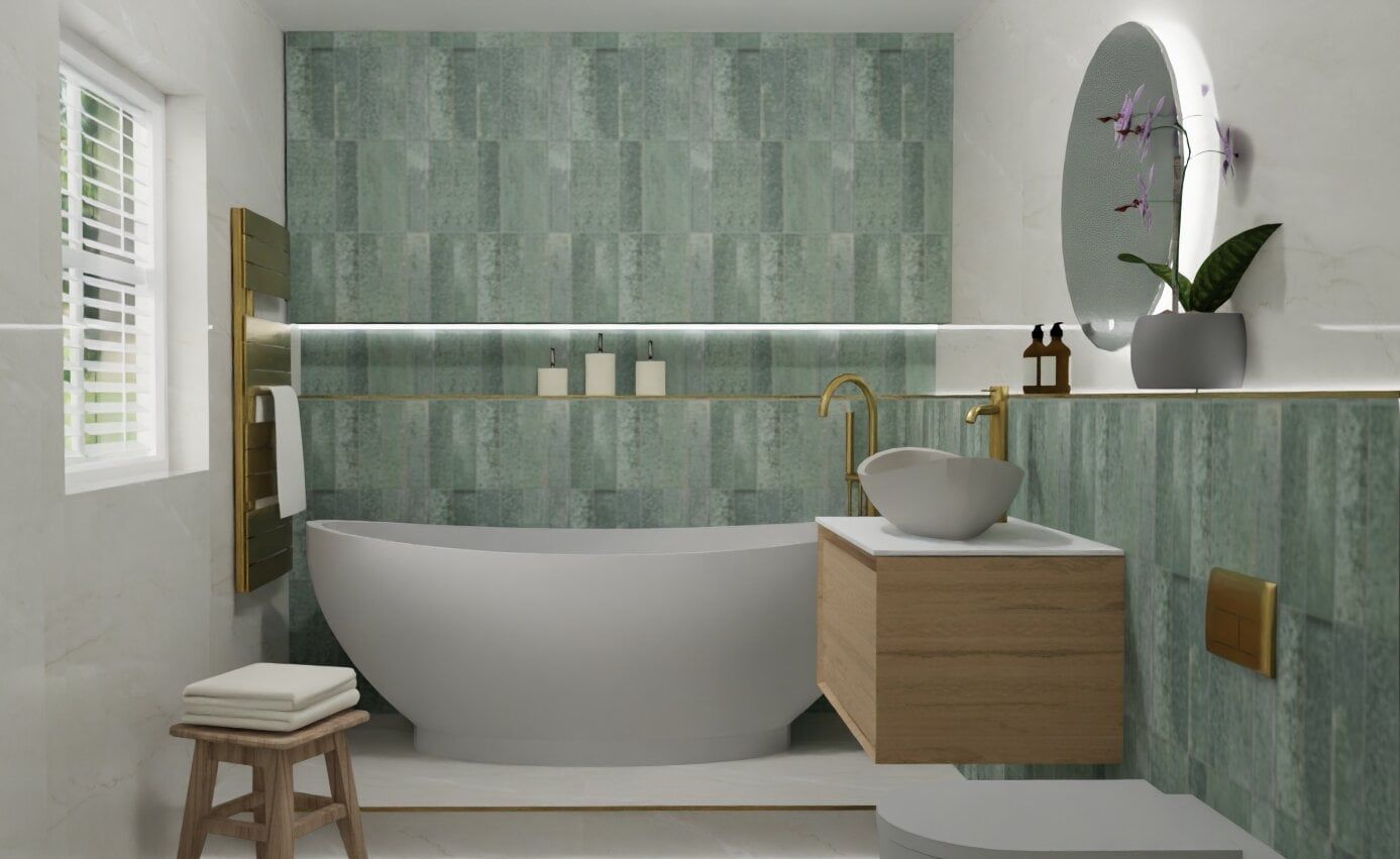 3D bathroom design featuring a freestanding bath, vanity unit and layered green wall tiles.