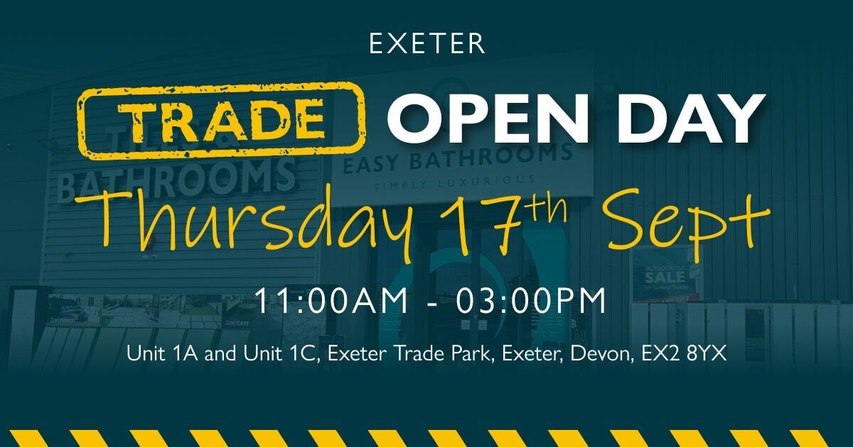 Trade Open Day poster for Easy Bathrooms Exeter on Thursday 17 September from 11am to 3pm.