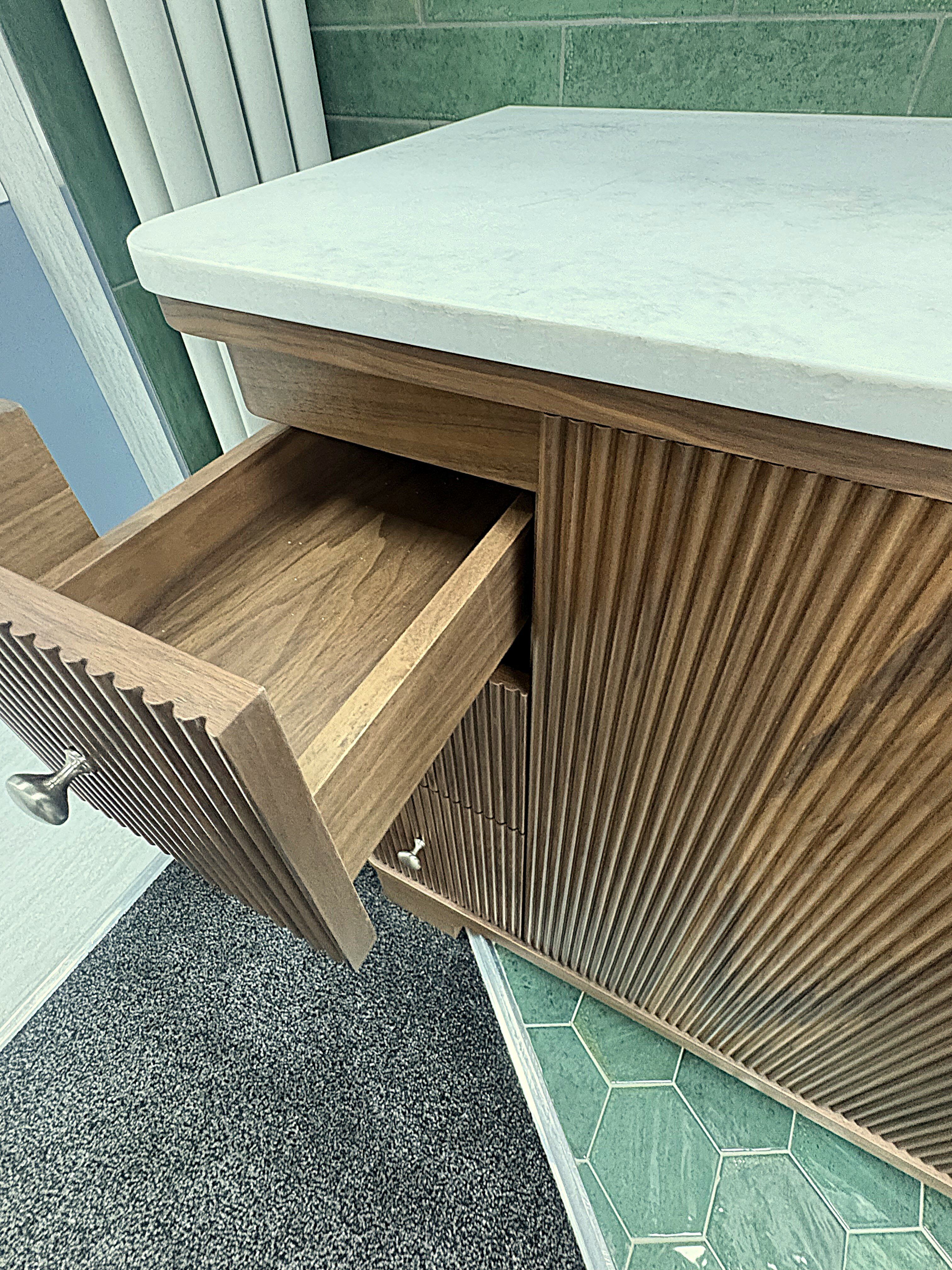 Open drawer showing the storage inside the Hayward Natural Walnut vanity unit.