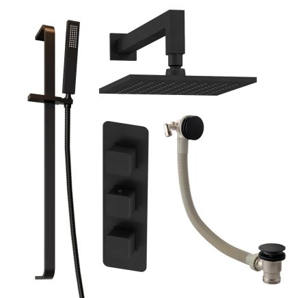 Liva Matt Black Shower Pack with Fixed Head, Slider Rail & Overflow Bath Filler