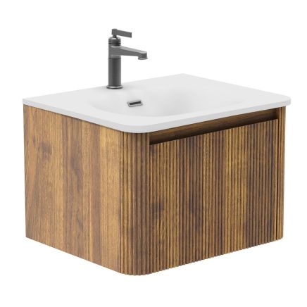 Wish Ribbed Wall Hung Vanity Unit in Walnut with Matt White Basin 600mm