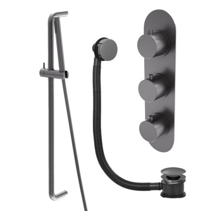 Elora Gunmetal Round Triple Control Shower Pack with Slider Rail & Overflow Bath Filler