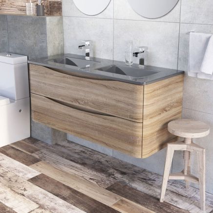 Erin Light Oak Wall Hung Vanity Unit with Grey Glass Basin 1200mm