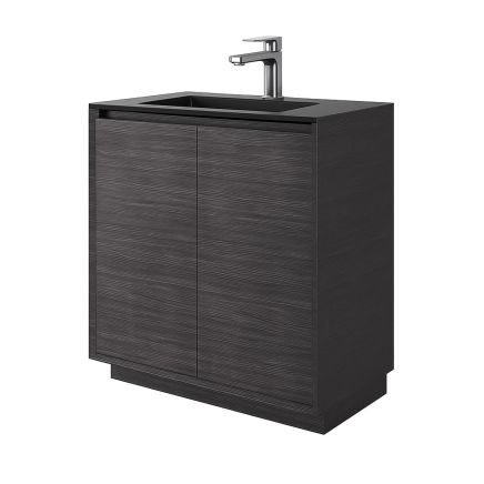 Lifestyle image of the Snowdon Leached Oak Floor Standing Vanity Unit with Black Basin 750mm
