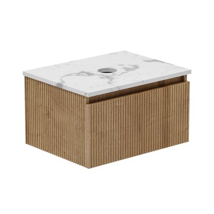 Revel Ribbed Natural Oak Wall Hung Vanity Unit & Marble Worktop with No Tap Hole 650mm