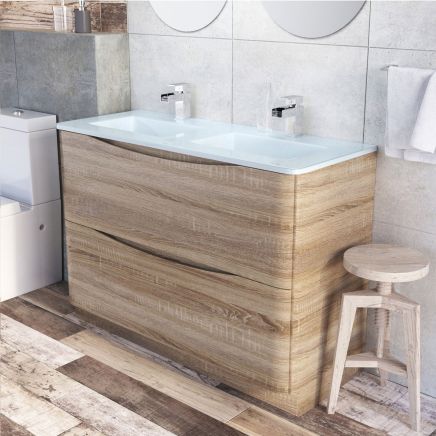Erin Light Oak Floor Standing Vanity Unit with White Glass Basin 1200mm