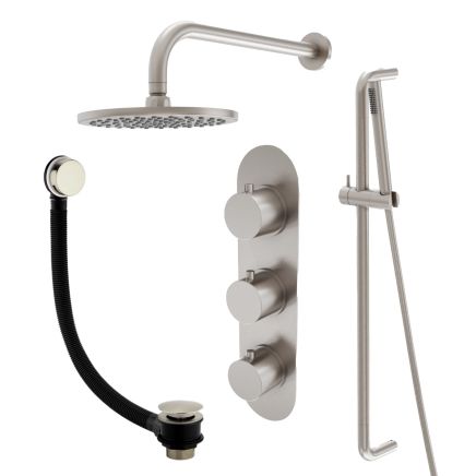 Elora Brushed Nickel Triple Outlet Shower Pack with Head, Slider Rail & Bath Filler