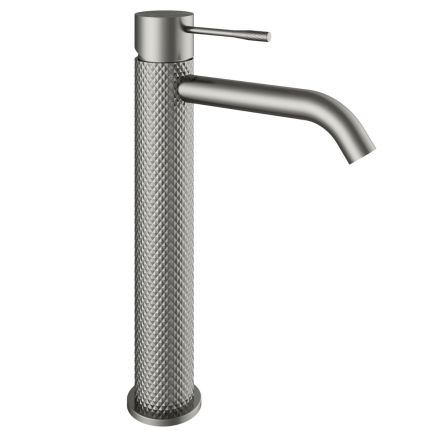 Moray Gunmetal tall basin mixer tap featuring a textured knurled detailing
