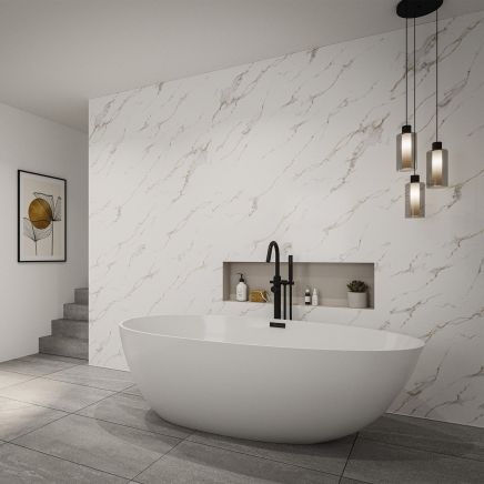 Vero Soft Carrara White Marble Waterproof Tongue & Groove Shower Wall Panel 2420x600mm