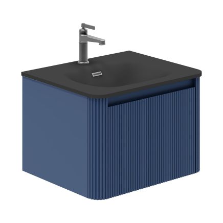 Wish Ribbed Wall Hung Vanity Unit in Blue with Black Basin 600mm