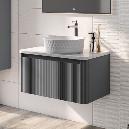 Wish Ribbed Wall Hung Vanity Unit in Charcoal with White Worktop