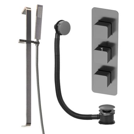 Liva Gunmetal Triple Control Shower Pack with Slider Rail & Overflow Bath Filler