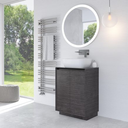 Snowdon 600mm Floor Standing Vanity Unit with Black Worktop in Leached Oak