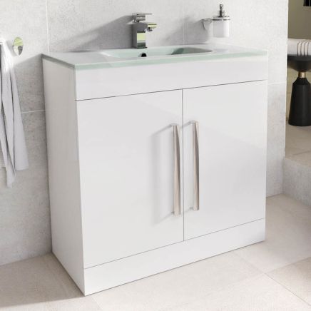 Nante Gloss White Floor Standing Vanity Unit with Glass Basin 800mm
