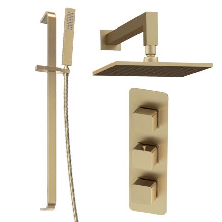 Liva Brushed Gold Triple Control Square Shower Pack with Fixed Head & Slider Rail