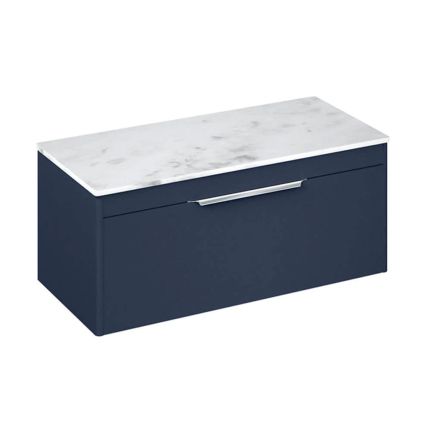 Britton Shoreditch Matt Blue Single Drawer Wall Hung Vanity Unit with Carrara White Worktop 1000mm