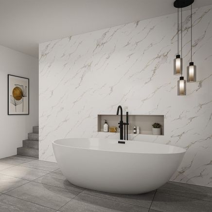 Vero Soft Carrara White Marble Waterproof Postform & Tongue Edge Shower Wall Panel 2420x1200mm